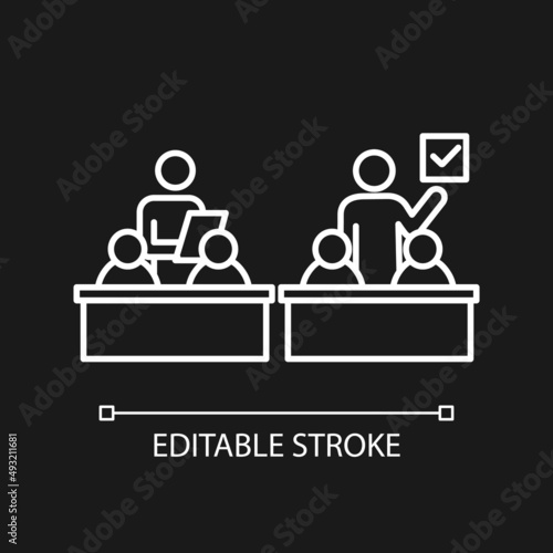 Inclusive education classroom white linear icon for dark theme. Children with disabilities integration. Thin line illustration. Isolated symbol for night mode. Editable stroke. Arial font used