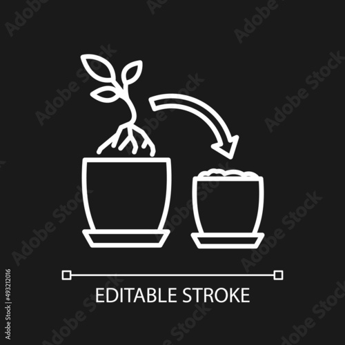 Plant repotting white linear icon for dark theme. Replant in bigger pot. Seasonal transplantation. Thin line illustration. Isolated symbol for night mode. Editable stroke. Arial font used
