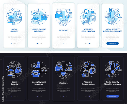Federal social insurance night and day mode onboarding mobile app screen. Walkthrough 5 steps graphic instructions pages with linear concepts. UI, UX, GUI template. Myriad Pro-Bold, Regular fonts used