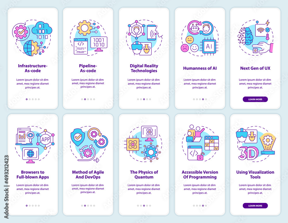 Macro trends onboarding mobile app screen set. Tendencies walkthrough 5 steps graphic instructions pages with linear concepts. UI, UX, GUI template. Myriad Pro-Bold, Regular fonts used