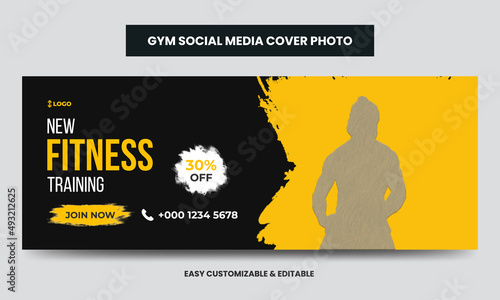 Fitness gym training social media cover photo template. Gym agency social media timeline web banner 