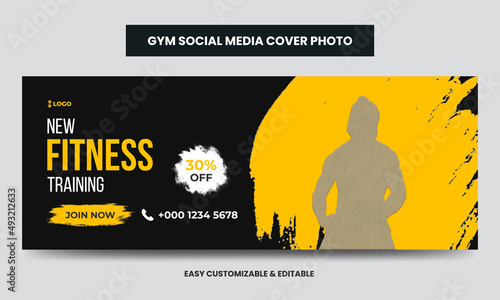 Fitness gym training social media cover photo template. Gym agency social media timeline web banner 