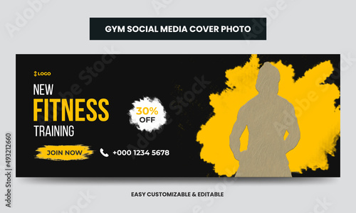 Fitness gym training social media cover photo template. Gym agency social media timeline web banner 