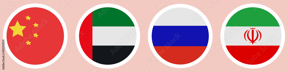 Flags of different countries. A set of stickers on a white backing. Collection of vector icons. Isolated background. China, United Arab Emirates, Russia, Iran. National symbol of the state. Political 