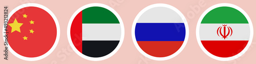 Flags of different countries. A set of stickers on a white backing. Collection of vector icons. Isolated background. China, United Arab Emirates, Russia, Iran. National symbol of the state. Political 