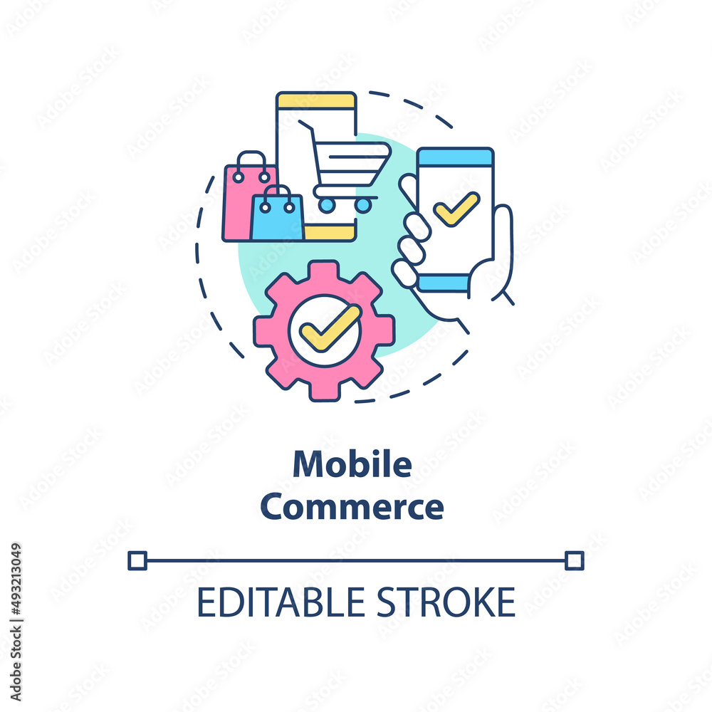 Mobile commerce concept icon. Selling products online. Retail strategy trends abstract idea thin line illustration. Isolated outline drawing. Editable stroke. Arial, Myriad Pro-Bold fonts used Mobile commerce concept icon. Selling products online. Retail strategy trends abstract idea thin line illustration. Isolated outline drawing. Editable stroke. Arial, Myriad Pro-Bold fonts used