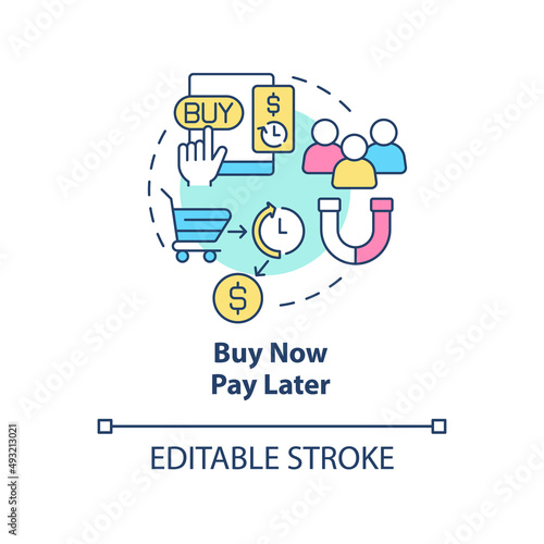 Buy now pay later concept icon. Credit for consumers. Retail strategy trends abstract idea thin line illustration. Isolated outline drawing. Editable stroke. Arial, Myriad Pro-Bold fonts used