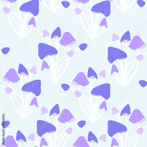 Mushroom violet seamless pattern on blue stock vector illustration for web, for print