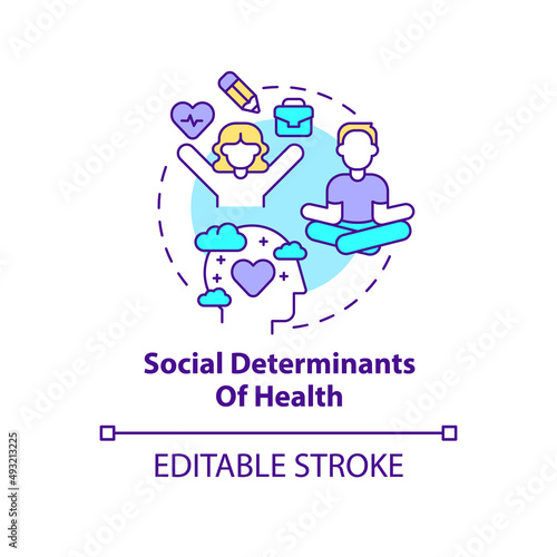 Social determinants of health concept icon. Medicine macro trends abstract idea thin line illustration. Isolated outline drawing. Editable stroke. Arial, Myriad Pro-Bold fonts used