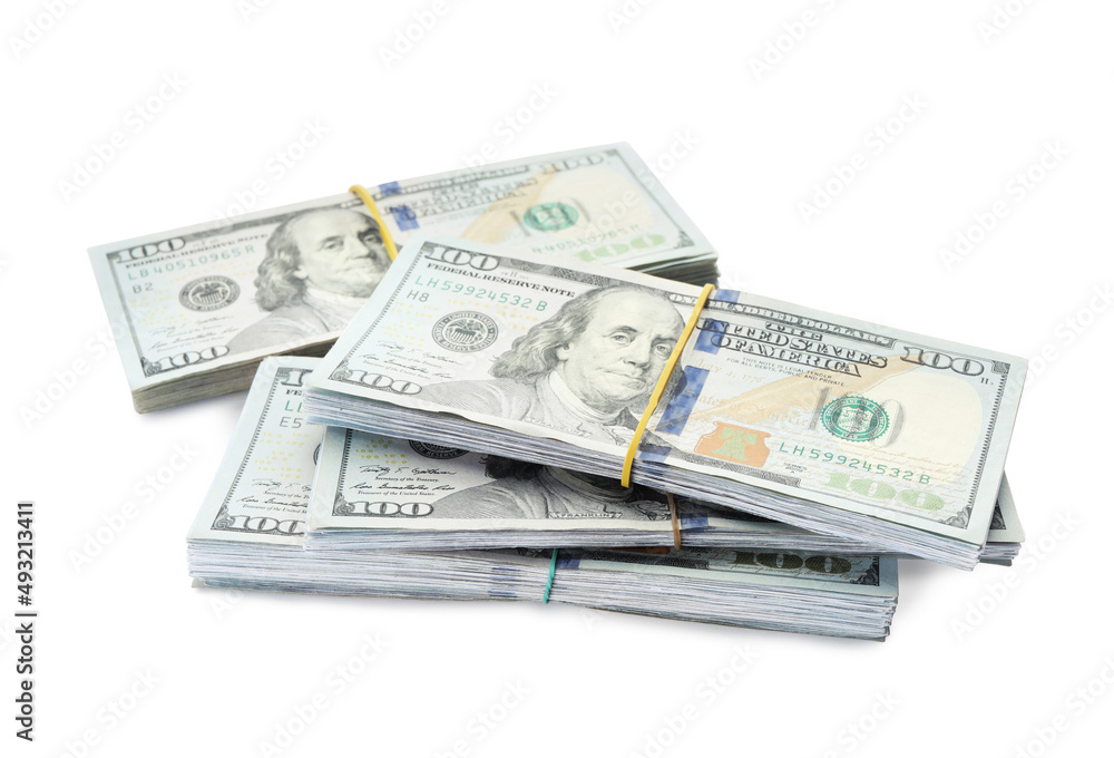 Many dollar banknotes on white background. American national currency Many dollar banknotes on white background. American national currency