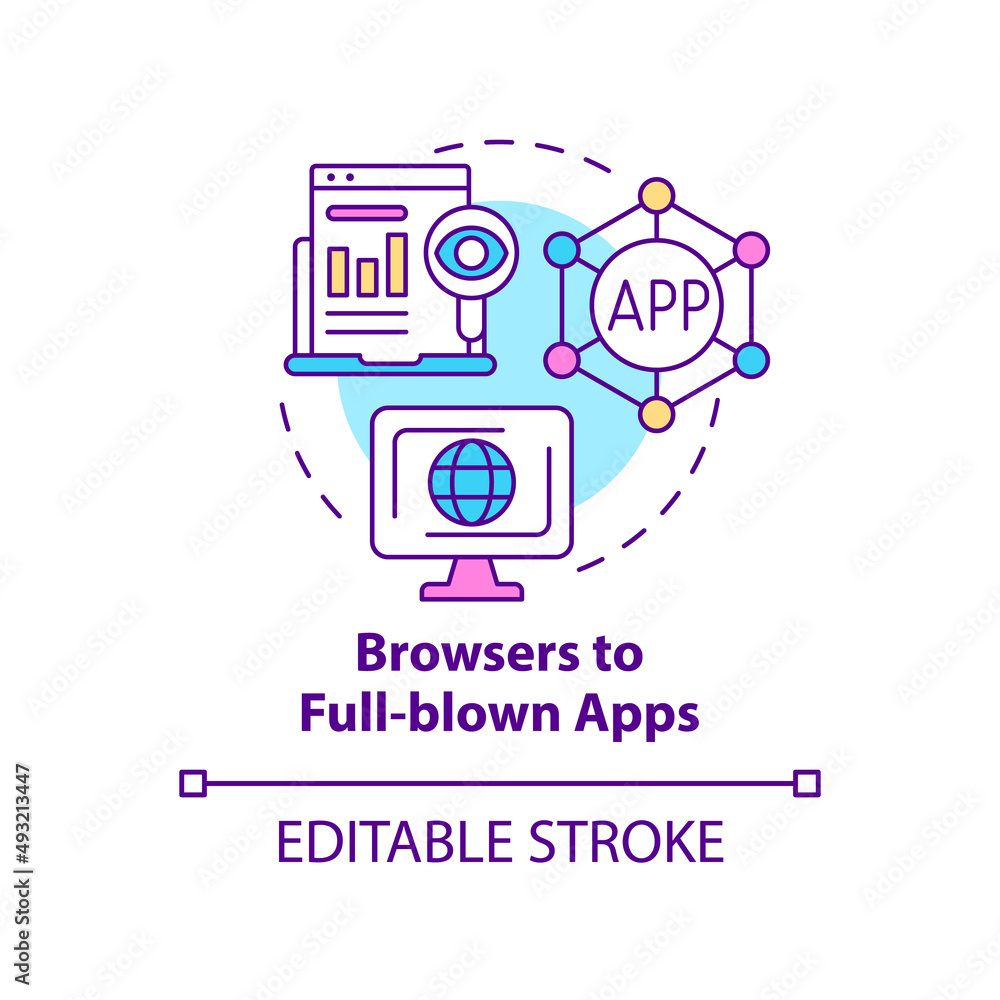 Browsers to full-blown apps concept icon. Software development. Tech macro trends abstract idea thin line illustration. Isolated outline drawing. Editable stroke. Arial, Myriad Pro-Bold fonts used Browsers to full-blown apps concept icon. Software development. Tech macro trends abstract idea thin line illustration. Isolated outline drawing. Editable stroke. Arial, Myriad Pro-Bold fonts used