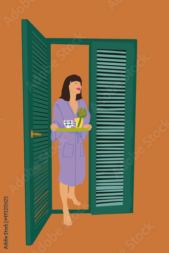 Young woman in bathrobe going out of the blind doors and carrying tray with coffee and flower. Good morning concept. Vector illustration