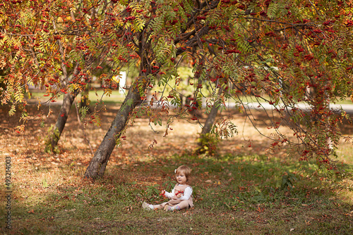 Little beautiful girl portrait in autumn street. Happy smart small girl in autumn park photo