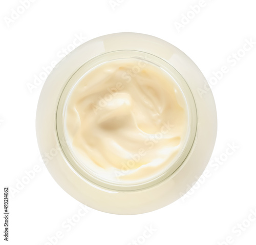 Mayonnaise in glass jar isolated on white, top view