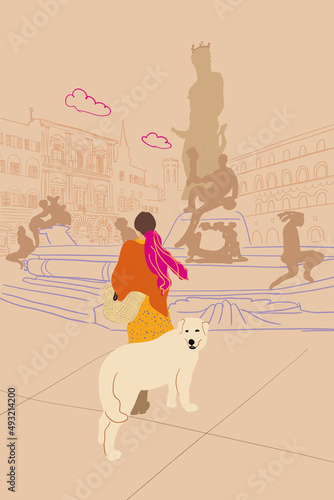 Beautiful woman standing with her dog in front of famous Neptune fountain while traveling in Florence city. Concept of summer vacation and visiting landmarks. Vector illustration