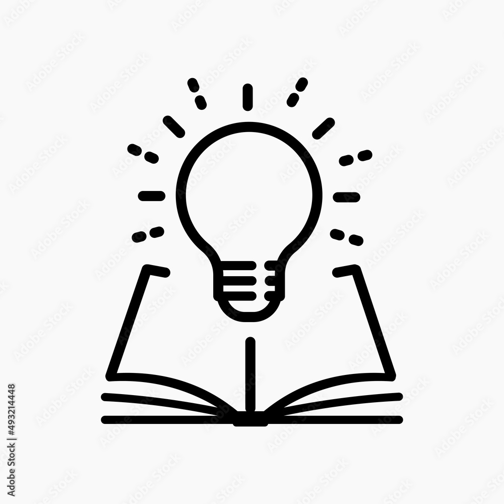 Symbol For Know Open book with lightbulb icon on white background. concept new ...