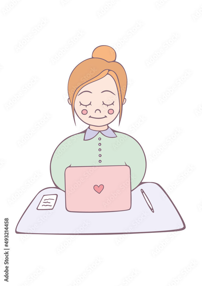 Young woman is working on laptop. Young girl businesswoman. Pastel colors, cartoon drawing. Flat illustration isolated on white background. Zina Young woman is working on laptop. Young girl businesswoman. Pastel colors, cartoon drawing. Flat illustration isolated on white background. Zina