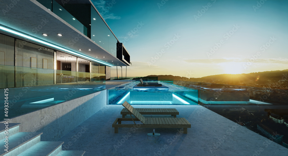 Luxury villa exterior design with beautiful sunset at the infinity pool Luxury villa exterior design with beautiful sunset at the infinity pool