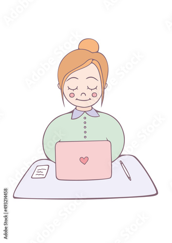 Young woman is working on laptop. Young girl businesswoman. Pastel colors, cartoon drawing. Flat illustration isolated on white background. Zina