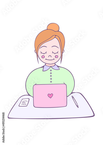 Young woman is working on laptop. Young girl businesswoman. Pastel colors, vector, cartoon drawing. Flat vector illustration isolated on white background. Zina