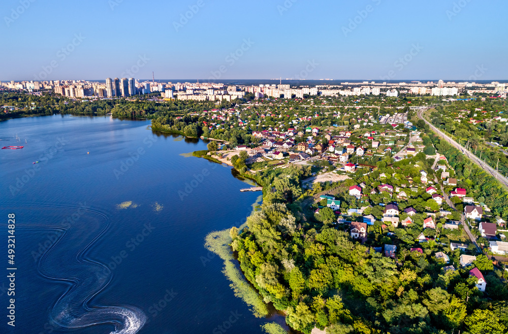Aerial view of houses at the Dnieper riverside in Kiev, the capital of Ukraine before the war with Russia