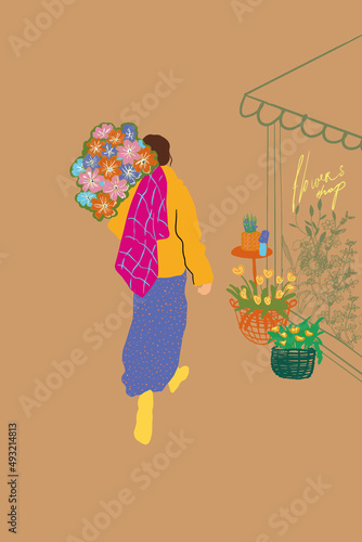 Woman carrying beautiful bouquet, buying flowers at floral shop. Floral stall with flowers on the street. Vector illustration