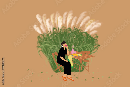 Stylish woman in black clothes having a picnic, sitting by the table with some food and beautiful pampas grass on background. Idea of relaxation on nature and leisure time. Vector illustration