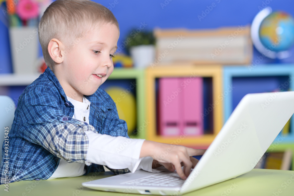 Portrait of cute boy using laptop in room Portrait of cute boy using laptop in room
