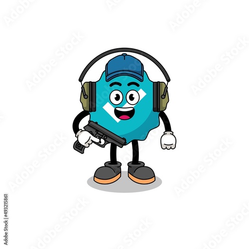 Character mascot of verified sign doing shooting range