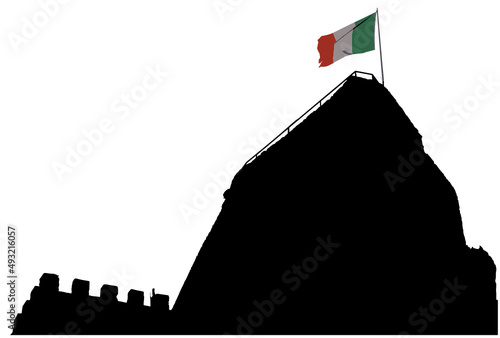 Vettoriale 5 colori della bandiera italiana che sventola sulla torre di un castello 