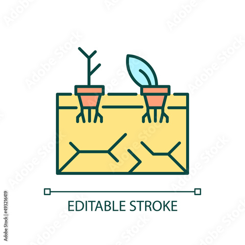 Land degradation RGB color icon. Soil fertility decline. Desertification and deterioration. Crops withering. Isolated vector illustration. Simple filled line drawing. Editable stroke. Arial font used