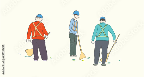 Sweeping cute street cleanup staffs and their brooms in vector flat art design illustration
