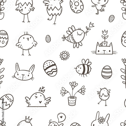 Easter seamless pattern with cute cartoon chicks on a white background. Painted eggs print. Holiday doodle wallpaper.