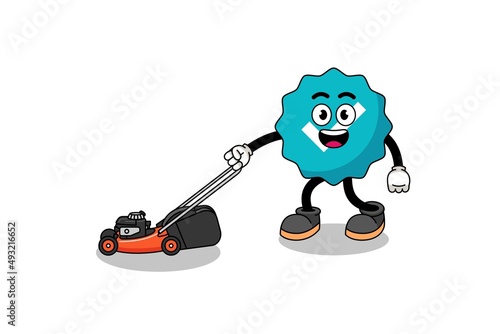 verified sign illustration cartoon holding lawn mower