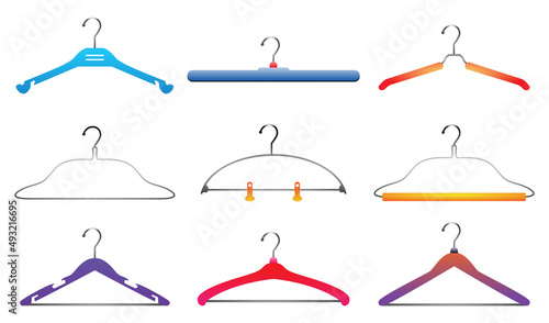 realistic wooden clothes hangers, classic and modern clothes hangers made from plastic and metal, wooden hangers isolated.