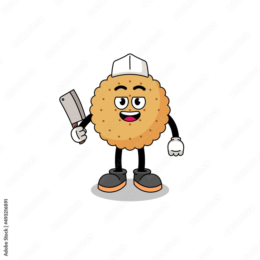Mascot of biscuit round as a butcher Mascot of biscuit round as a butcher