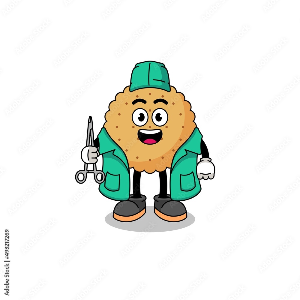 Illustration of biscuit round mascot as a surgeon