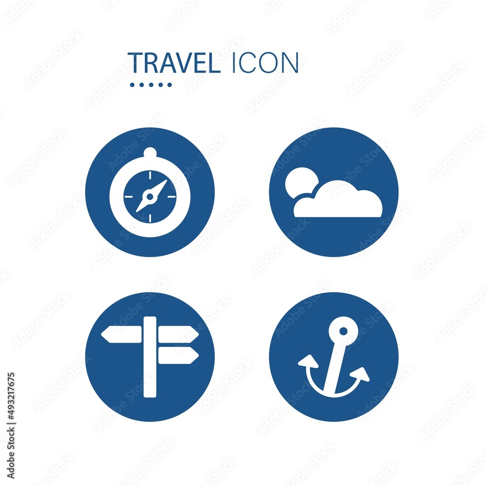 Symbol of Compass, Cloud and sun, Road signs and Anchor icons on blue circle shape isolated on white background. Travel icons vector illustration. Symbol of Compass, Cloud and sun, Road signs and Anchor icons on blue circle shape isolated on white background. Travel icons vector illustration.