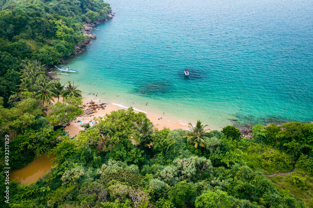 Tropical Jungle Beach in Sri Lanka. Aerial view of Exotic Costline and Rainforest. Paradise Beach.