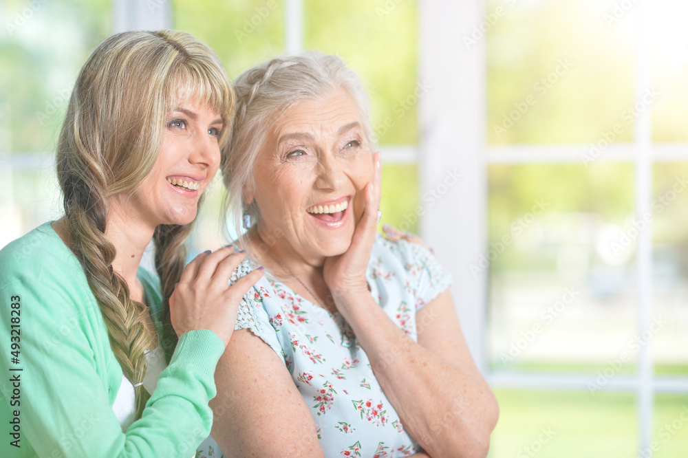 Mature woman embracing with adult daughter at home