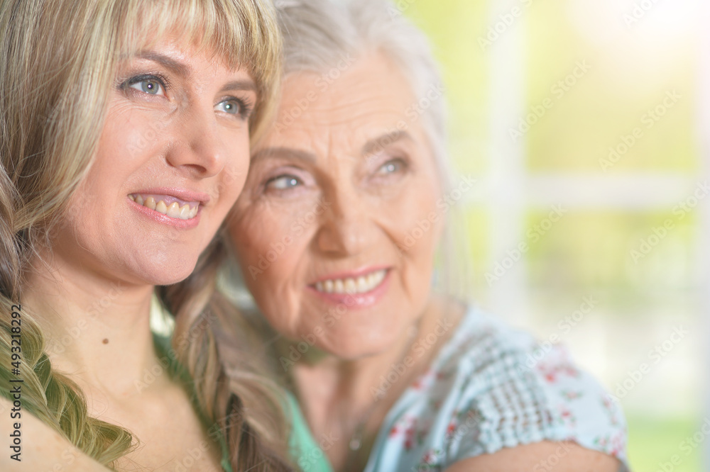 Mature woman embracing with adult daughter at home Mature woman embracing with adult daughter at home