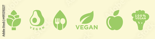 Vegan inspired green flat icons isolated on yellow. 100 natural and healthy food