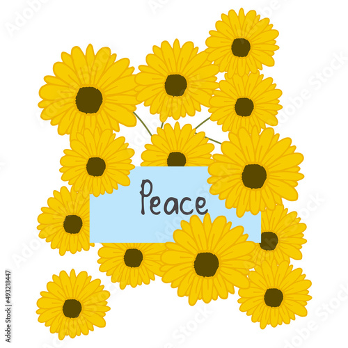 peace-hand drawn lettering with blooming sunflower illustration on white background. symbol for stop war. hand drawn vector. poster, banner, sticker. beautiful flowers as a symbol of world peace.