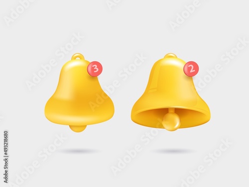Call notifications. A set of two bell icons with a new message in a yellow web chat. Realistic 3d object. Isolated on a white background. Vector illustration
