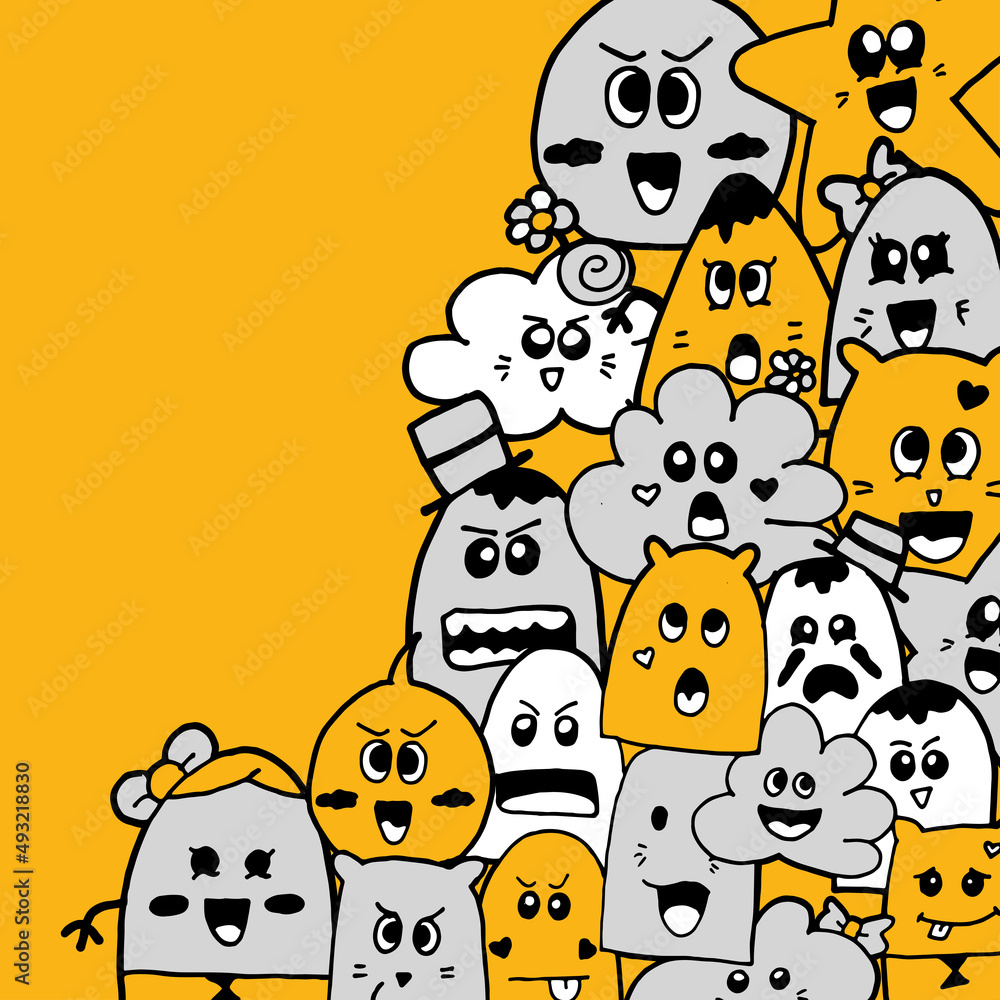 cute doodle monster art. hand drawn vector. piled up monster with unique character. yellow, white and grey colors. graffiti, street art. doodle art for wallpaper, wall decoration, halloween party.