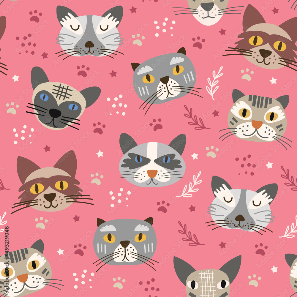 Seamless pattern design with cute cats. Vector illustration.