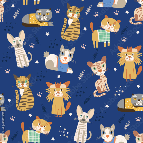 Seamless pattern design with cute cats. Vector illustration.