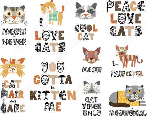 Funny cat quotes. Lettering set with cat sayings. Vector illustration.
