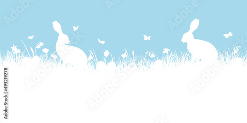 Banner 2 Osterhasen Mit Ostereiern In Wiese Blau