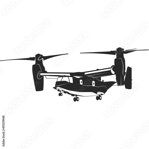 Tiltrotor for military operations. Military equipment. Vector image.